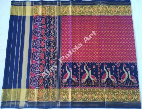 Single ikat patola saree in red and blue  by Ajay Patola Art