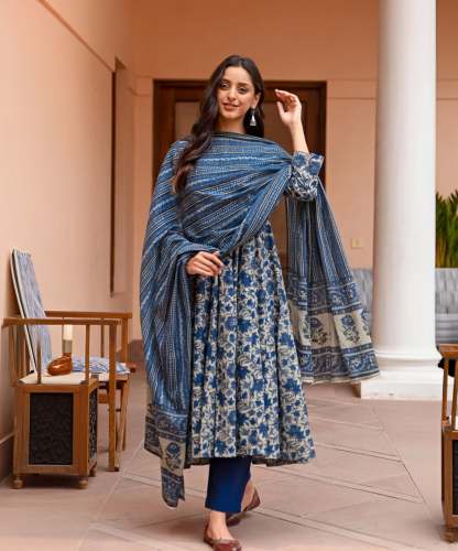 Casual Wear Blue  Rayon Printed Kurtis Pant Set With Dupatta by geet gauri fashion