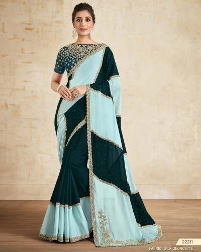 Exquisite blue & turkish  designer hand work sarees with stunning hand work blouse 