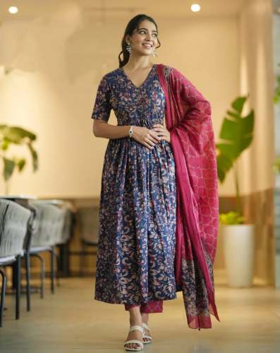 Fully Stitched Blue And Pink Printed 3 Piece Kurti