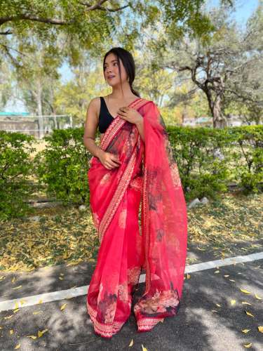 Geet Gauri Red Organza saree with lace border digital print