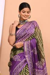 GGF Exclusive Pure Hand Printed Chanderi Silk Sarees With Blouse
