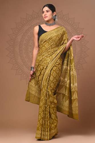 GGF pure cotton mulmul hand block printed saree with blouse