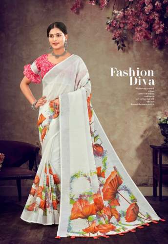 Linen Cotton Fancy Print Saree With and Latkan.