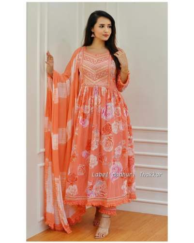  Orange Floral Naira Cut Cotton Suit Sets with finest Embroidery and motifs