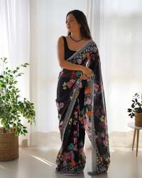 premium Georgette Digital Flower Print saree  & heavy embroidery sequence Work