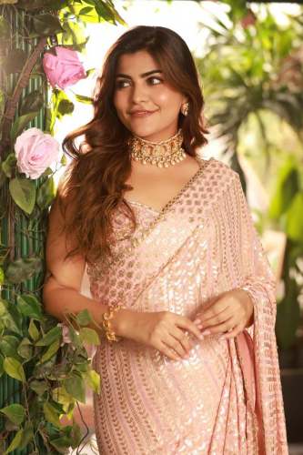 premium Soft Georgette peach saree with Sequence