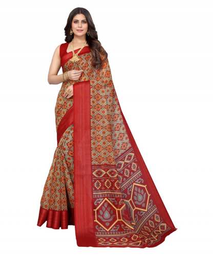 printed linen zari border saree
