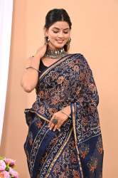 Pure Hand Printed Chanderi Silk Sarees With Blouse
