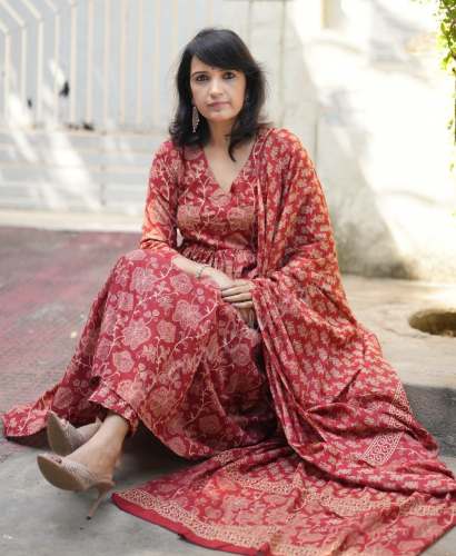 geet gauri fashion Pure Rayon Red Printed Fully Stitched Kurti Pant Dupatta