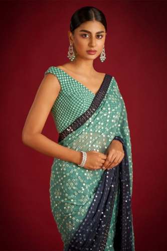 The pure georgette silk Saree With Beautiful multi stich embroidery work and Sequence work