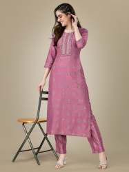 Women Sequence Embroidered Work and Print Heavy Rayon kurta and Pant Set.
