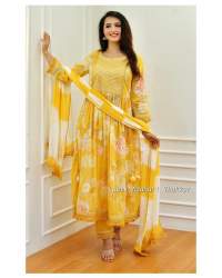 Yellow Floral Nyra Cut Cotton Suit Sets with finest embroidery and motifs.