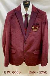 Cotton Red Sequence Mens 5 Pcs Suit