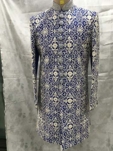 Embroidered Mens Blue Indo Western  by Miitsu Collection