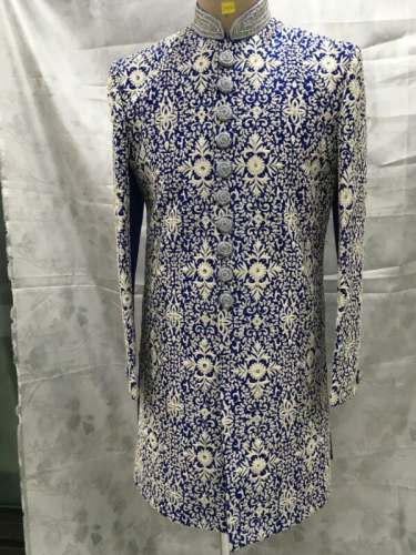 Embroidered Mens Blue Indo Western  by Miitsu Collection