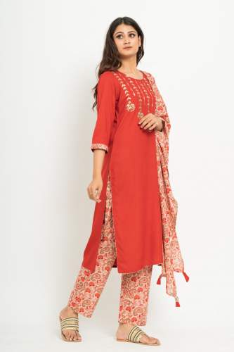 Partywear cotton kurta pant and dupatta set by Fab Culture