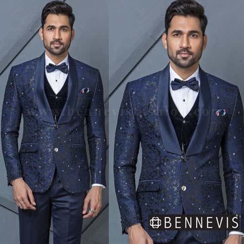 Mens Jacquard Blue 3pcs Suit 