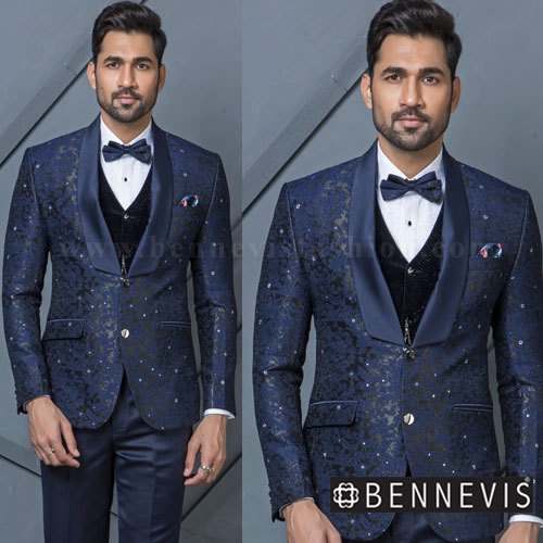 Mens Jacquard Blue 3pcs Suit  by R K Creative Designers Pvt Ltd