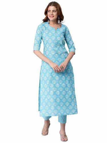 Sky Blue Cotton Blend Kurti Set by Anni Designer  by Anni Designer