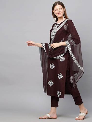 Wine Embroidered Kurti Set -Anni Designer in Surat by Anni Designer