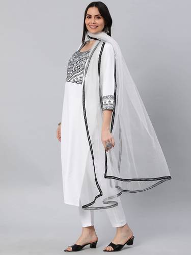 Cotton Blend White GOSRIKI Kurti Set  by Gosriki