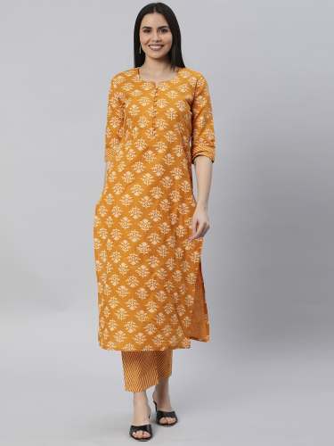 Gosriki Present Cotton Blend Orange Kurti Set  by Gosriki