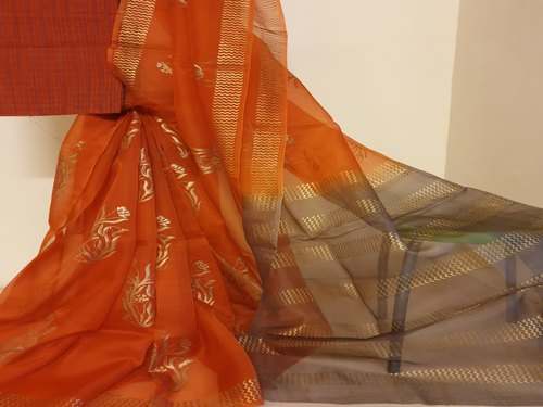 Hand Dyed Orange Pure Organza Silk Saree