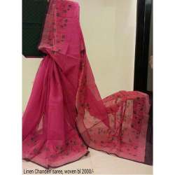 Pink Chanderi Linen Printed Saree
