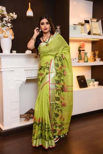 Designer Floral Print Linen Jamdani Saree by Kihums Handloom