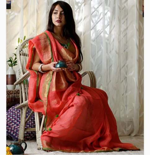 Pallu Border Pure Linen Saree by Kihums Handloom