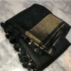 Plain Golden Zari Border Linen Saree