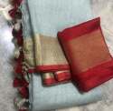 Plain Golden Zari Border Linen Saree thumb 4