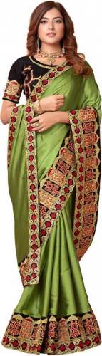 Get Embroidered Silk Blend Saree At Retail Price by Pratham Sarees