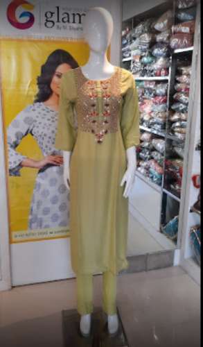 Embroidery Neck Plain Kurti With Pant  by Glamy
