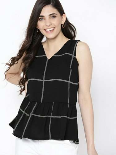 Black Sleeveless Checks Design Top  by Far Outfit