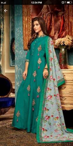 Stylish Green Embroidered Long Gown With Dupatta 