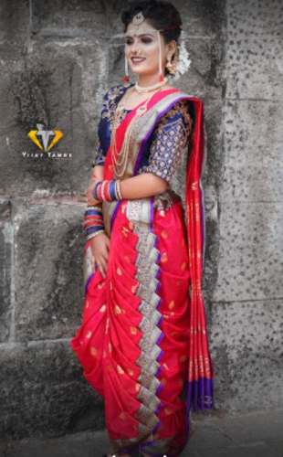 Red And Blue Readymade Nauvari Saree  by Komal Boutique