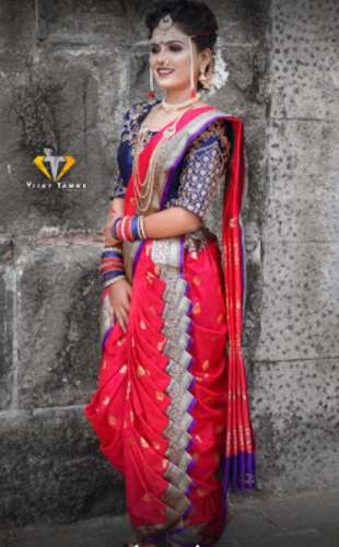Red And Blue Readymade Nauvari Saree 