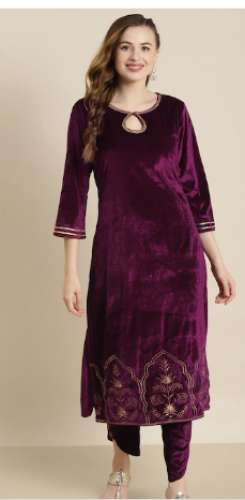 Women Purple Floral Embroidered Velvet Kurti by Kajal Dresses