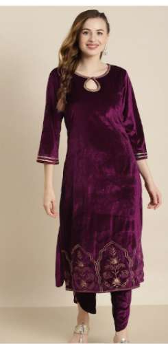 Women Purple Floral Embroidered Velvet Kurti