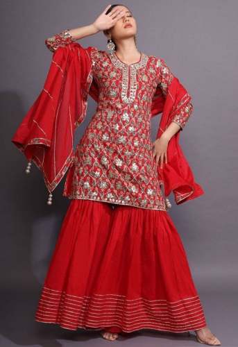 Party wear Red Embroidered Sharara Suit  by Raza Collection