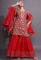 Party wear Red Embroidered Sharara Suit 