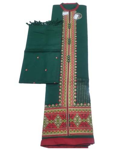 Semi Stitched Collar Neck Green Suit 
