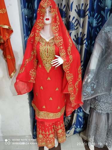 Pakistani Style Red Embroidered Suit  by Qadri Emporium