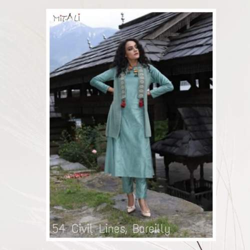 Elegant Plain Kurti With Pant Set With Jacket  by Mitali Garments