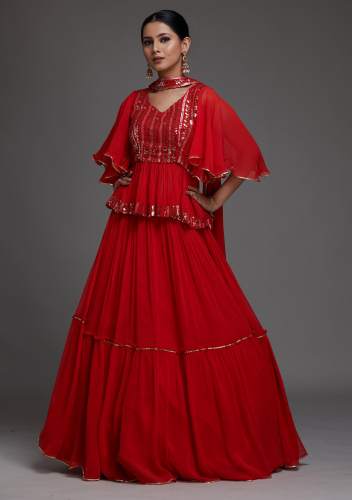 Red Sequins Georgette Designer Lehenga