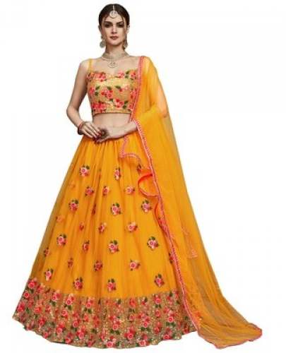 MUSTARD THREAD EMBROIDERED NET BRIDAL LEHENGA