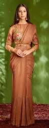 Brown Georgette Pre-draped Saree With Blouse