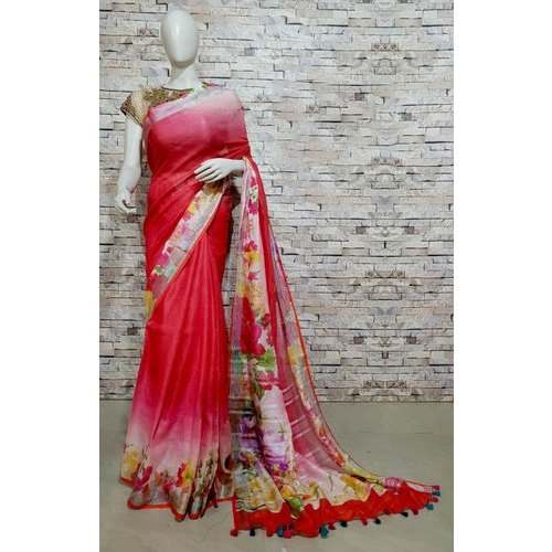 Red Digital printed Linen Saree by Ayubi Handloom